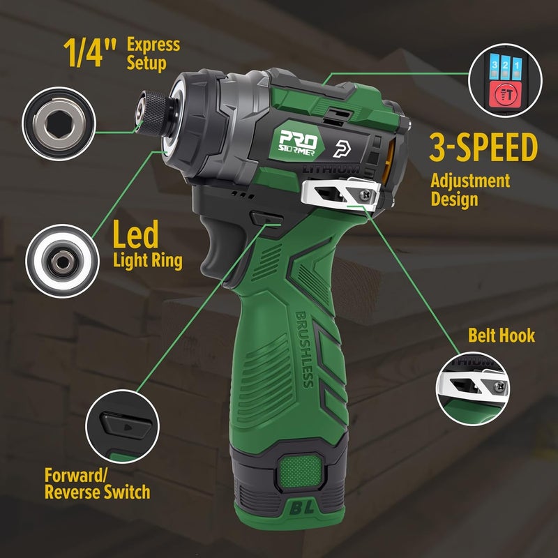 Prostormer 17V Cordless Impact Driver Set, 140Nm Brushless Screwdriver with 3 Variable Speed, 1/4” Hex Chuck, 18 Pcs Bits, 1.5Ah Batteries & Charger - Image 2
